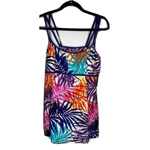 Jaclyn Smith Swim Dress Suit 1pc Attached Skirt Blue Green Leaf Plus 20W